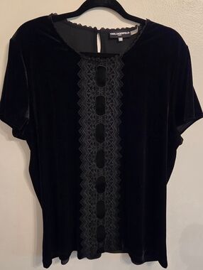 Karl Lagerfeld Womens Black Velvet Lace Short Sleeve Top XL